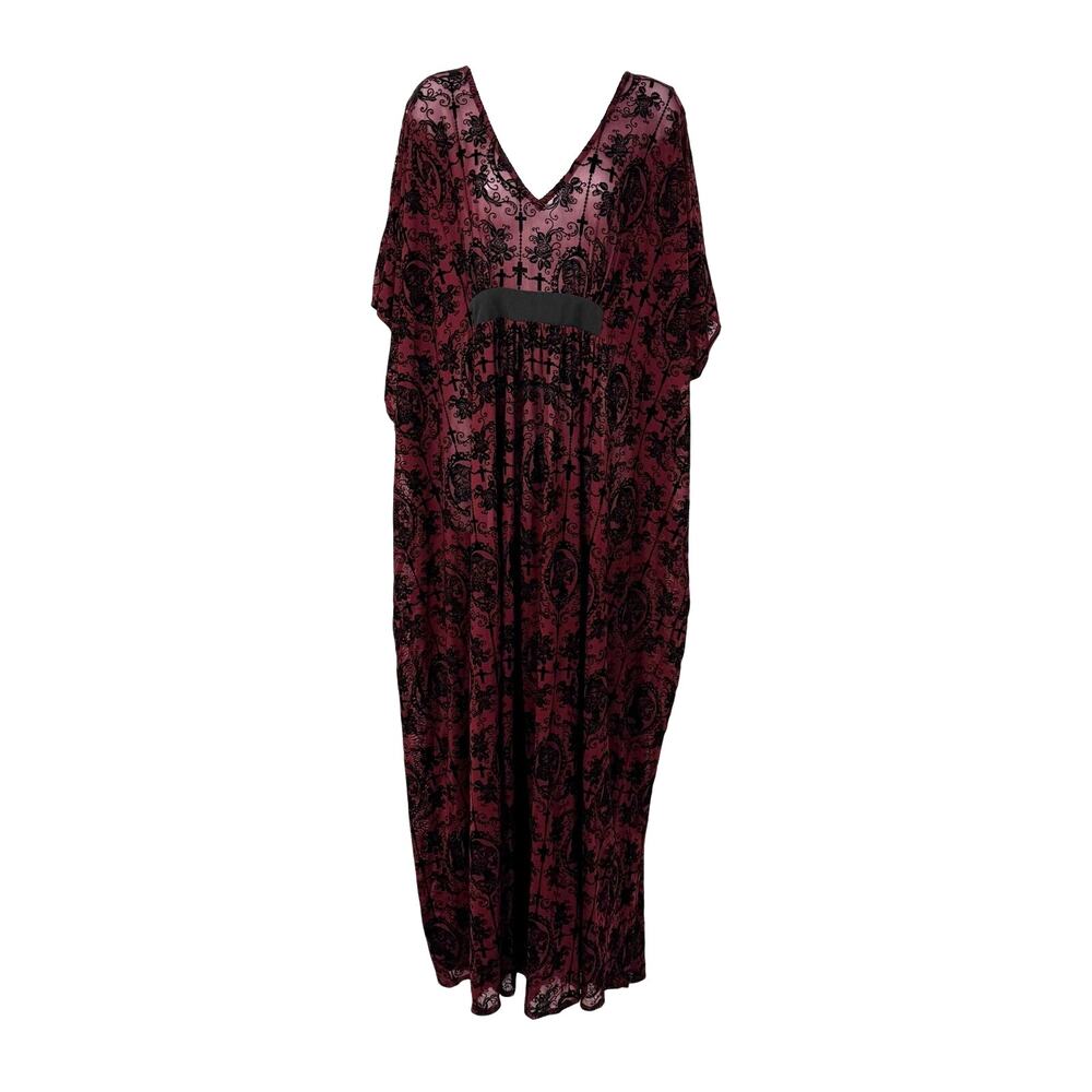 Unique Vintage Kaftan Maxi Dress OS Sheer Velvet Burnout Skull Cross Witchy Goth